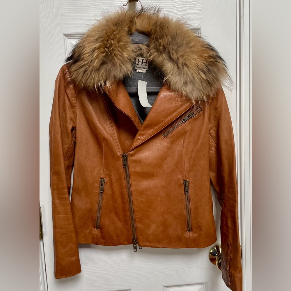 Haute Hippie Cognac Brown Genuine Leather Jacket w/ Fur Collar Women’s Medium